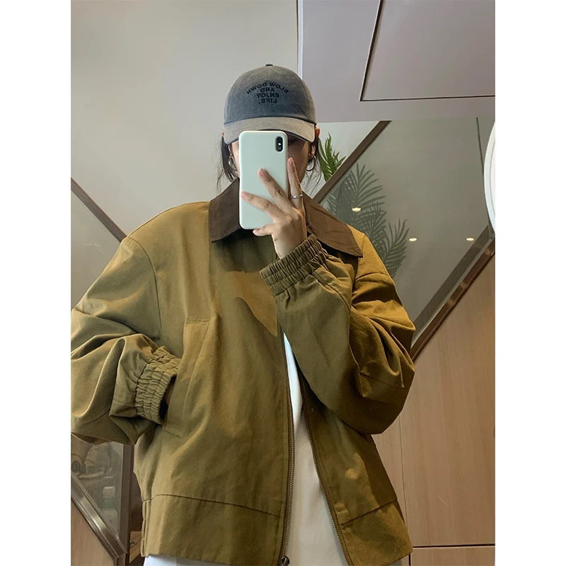 美式复古秋季男女同款翻领设计底特律拼接拉链宽松百搭夹克外套潮