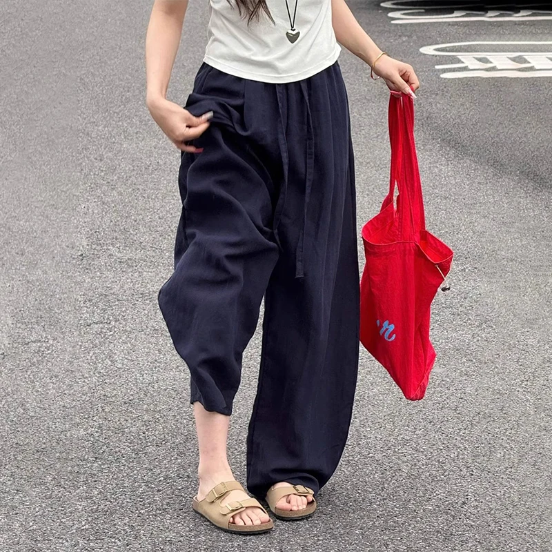 高腰亚麻直筒阔腿休闲裤女夏薄款小个子遮胯显瘦棉麻宽松垂感裤子