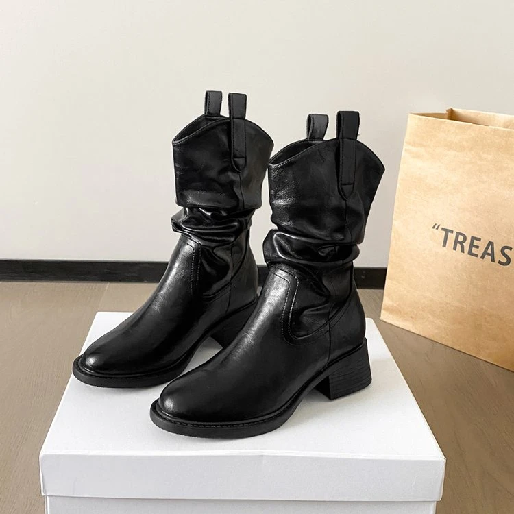 Z2025年冬季新款中筒靴粗跟尖头西部靴英伦风复古牛仔靴子鞋子