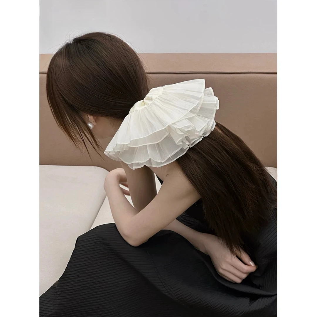 超大褶皱双层发圈大肠圈高级感黑白头绳头花百搭发饰气质发圈新款