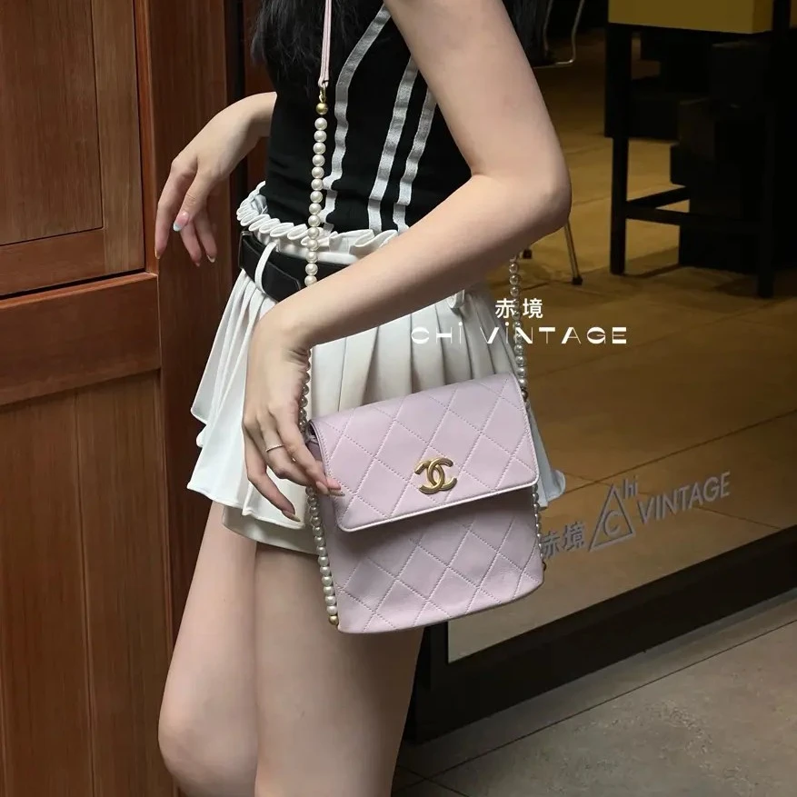 95新 Chanel/香奈儿 【垚专属】8302 粉色牛皮珍珠链条单肩斜挎包21