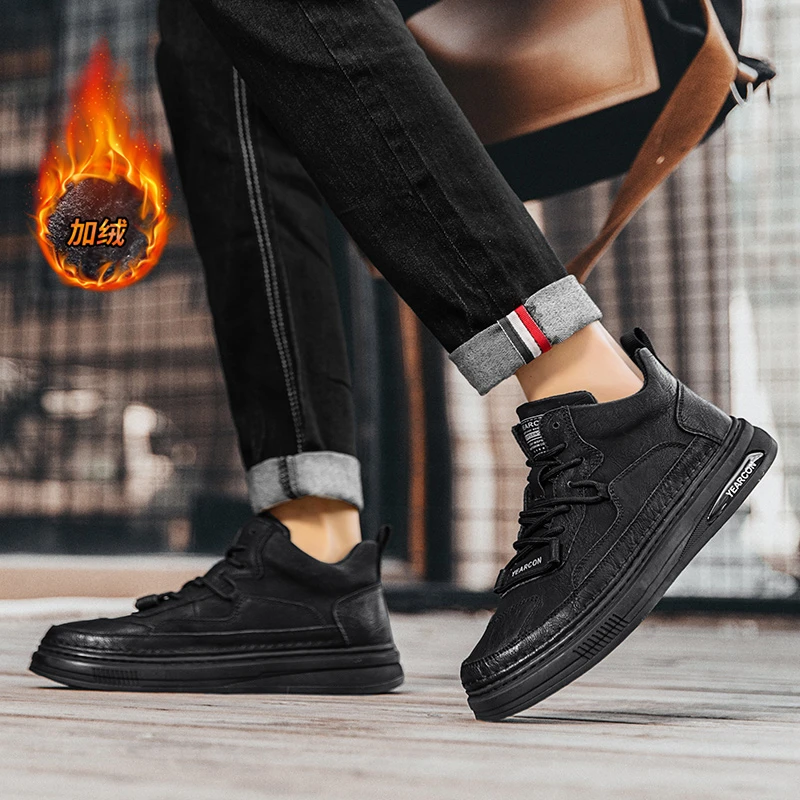 YEARCON/意尔康黑色运动秋冬加绒保暖英伦风厚底休闲百搭时尚男鞋