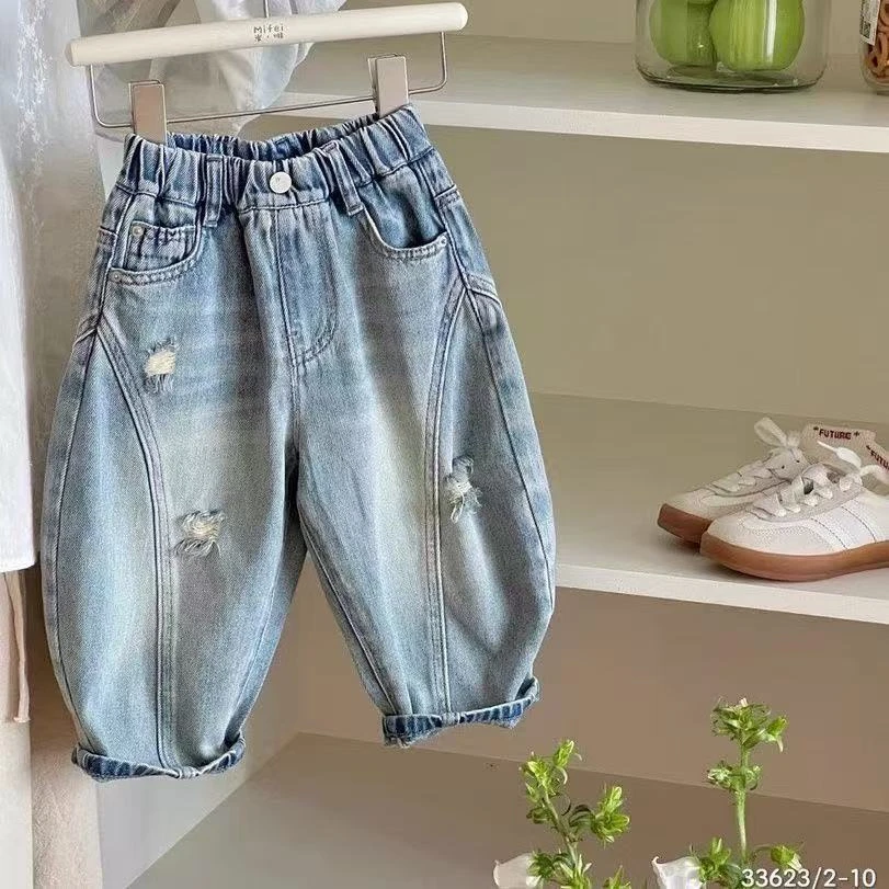 儿童夏季薄款牛仔裤男童2025 新款弯刀裤破洞女童休闲洋气长裤