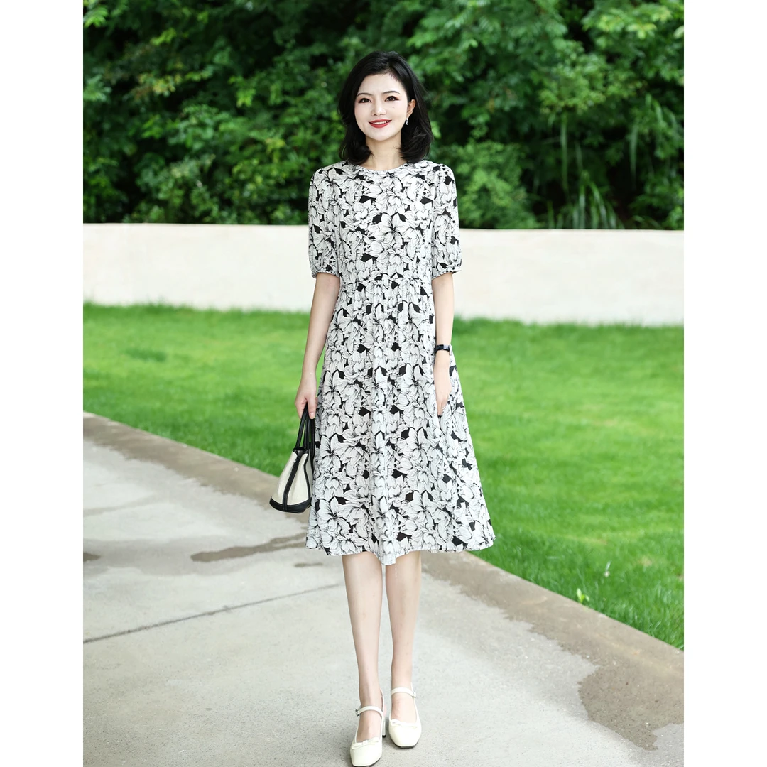 阿楠anan 花影琉璃 亚麻优雅气质圆领中袖碎花收腰显瘦女夏连衣裙