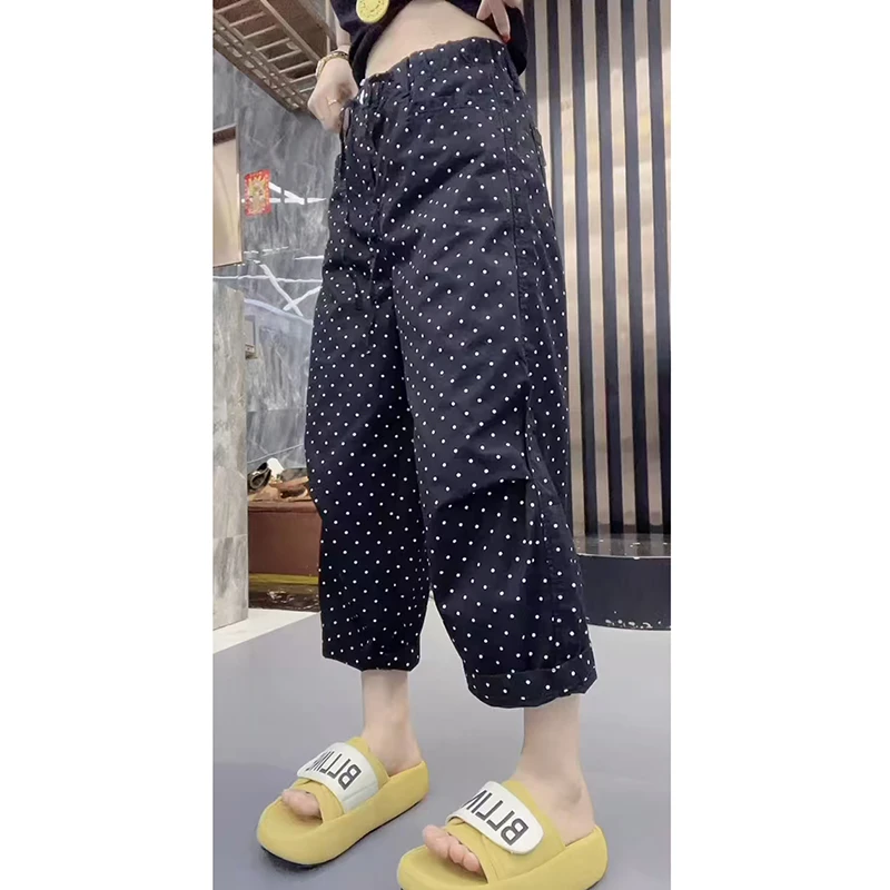 黑色波点直筒休闲裤女2025夏季薄款大码高腰宽松八分阔腿奶奶裤子