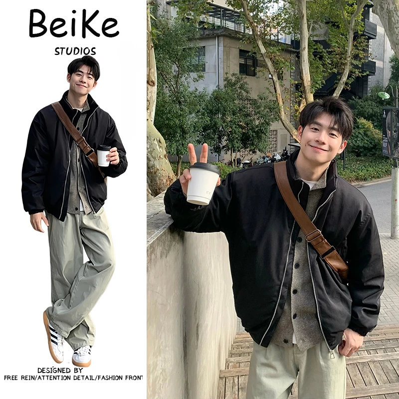 黑色纯色休闲立领工装冬季男女款面包服新款宽松棉衣男款冬季