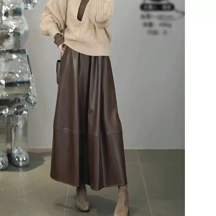 高级质感皮面中长款垂感显瘦A字半身裙女秋季新款