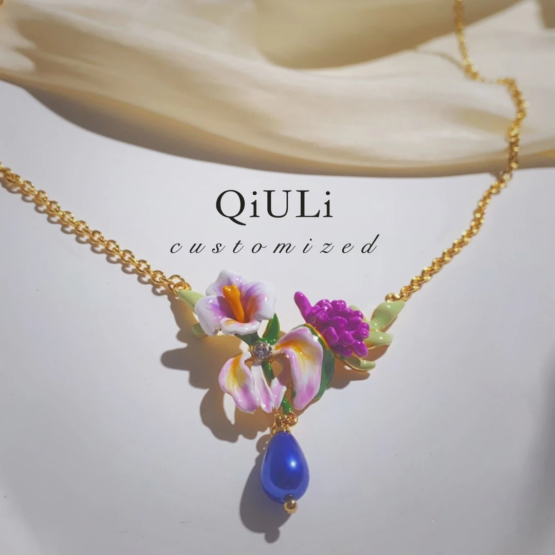 合金项链 邱黎设计 ·珐琅竹叶兰渐变蓝紫花朵耳钉项链1h4224