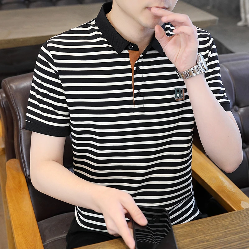 麦克斯夏季新款休闲翻领男士条纹POLO衫三粒扣百搭polo男24041