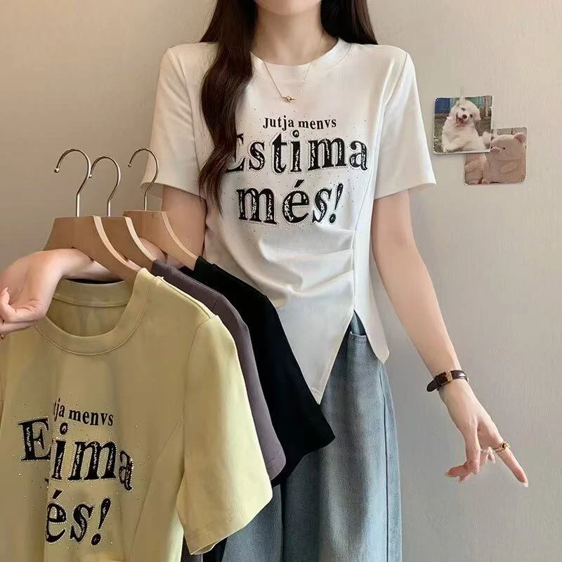 大码胖MM设计感字母印花收腰短袖T恤女夏季新款百搭显瘦上衣