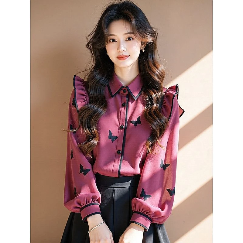 【单排多扣设计】独特超好看玫红色蝴蝶印花衬衫女装2025新款小飞袖