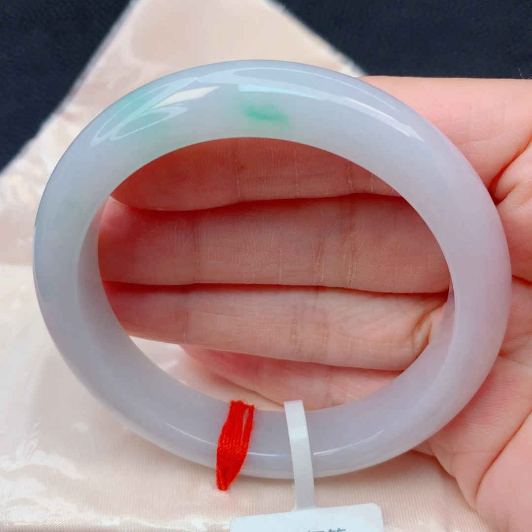 翡翠未镶嵌手镯56圈 细糯化烟紫底飘阳绿花完整度高