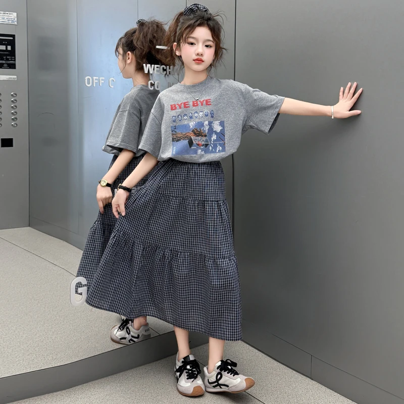 女童短袖套装夏装2025新款中大童洋气韩版T恤棉布格子裙两件套薄