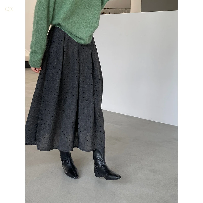 韩系百搭灰色波点百褶半身裙秋高腰遮胯显瘦中长款a字裙