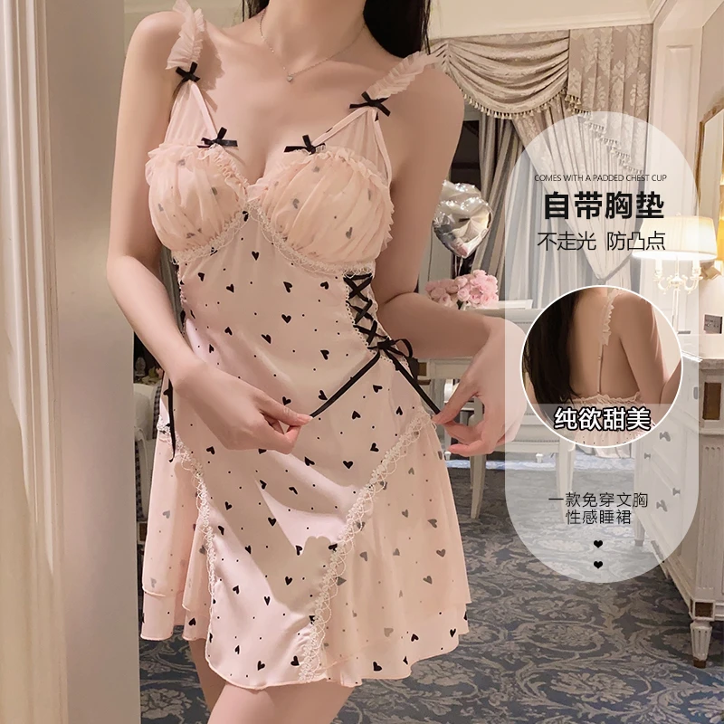 深V加胸垫甜美蕾丝性感大码睡裙家居服套装气质网红纯欲风法式