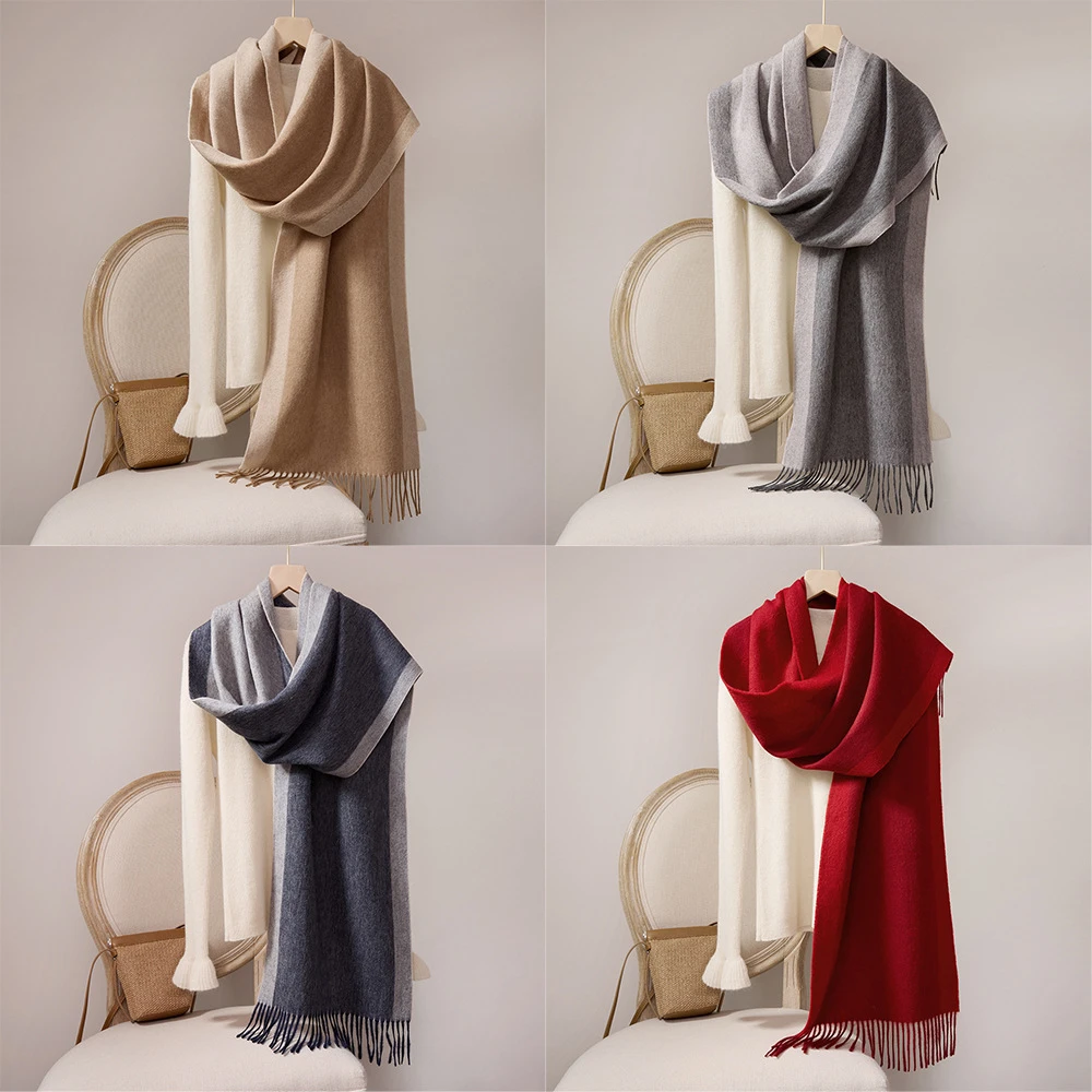 批发内蒙古冬季纯羊毛围巾男女通用围脖保暖百搭双面流苏羊毛披肩