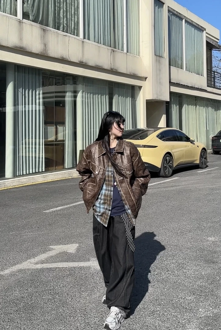 复古做旧皮衣外套中性春秋季美式夹克宽松潮牌多口袋机车服上衣