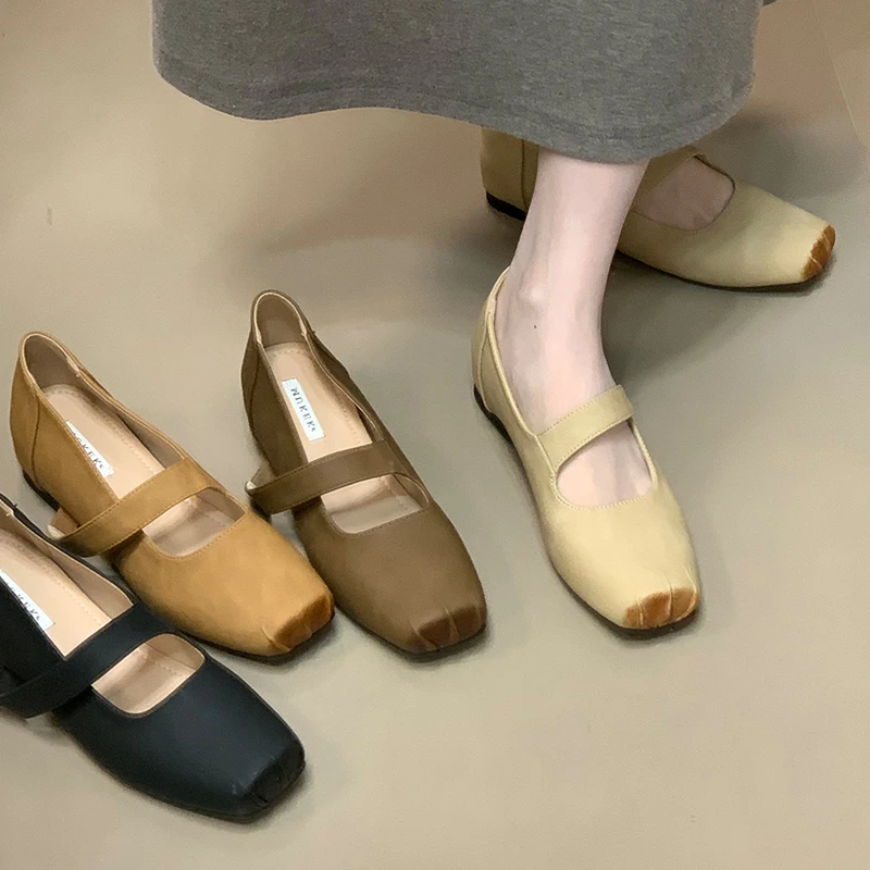 法式方头一字带玛丽珍鞋女复古风内增高芭蕾舞鞋单鞋