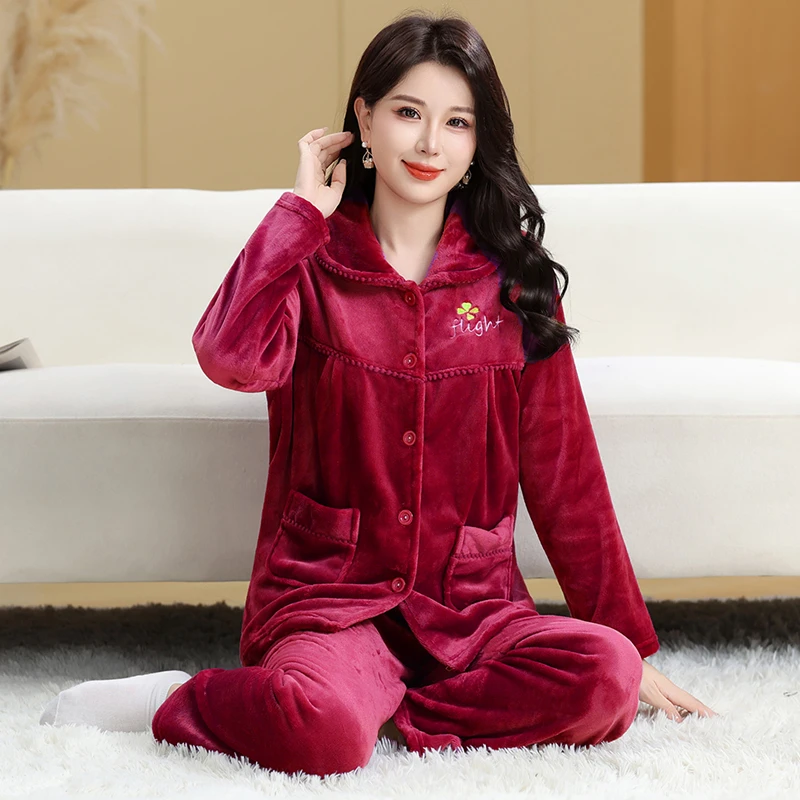 大码中老年加厚法兰绒睡衣女士秋冬季长袖珊瑚绒套装妈妈家居服