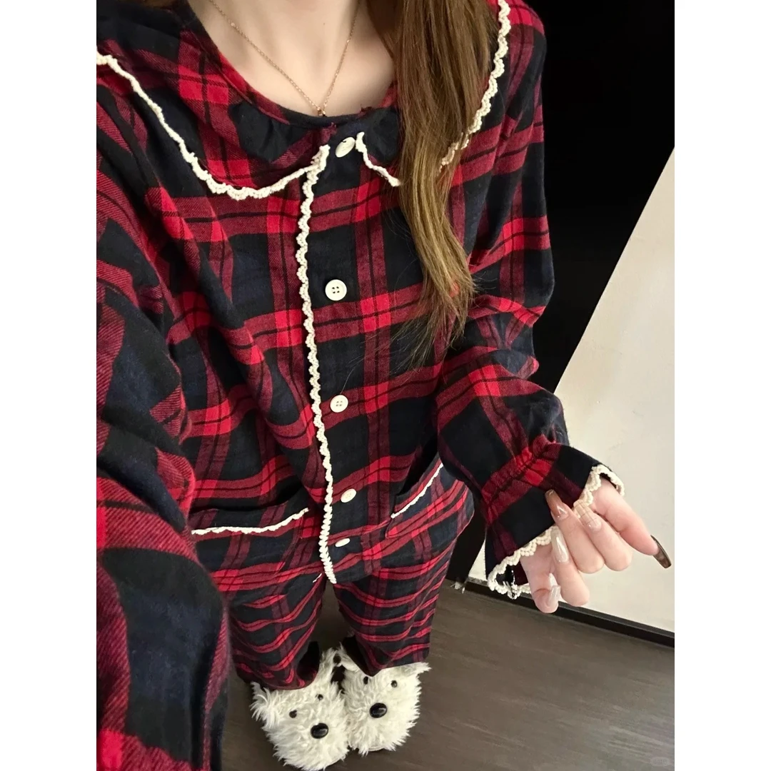 韩版少女复古格子衬衫睡衣春秋新款性感蕾丝花边家居服套装可外穿