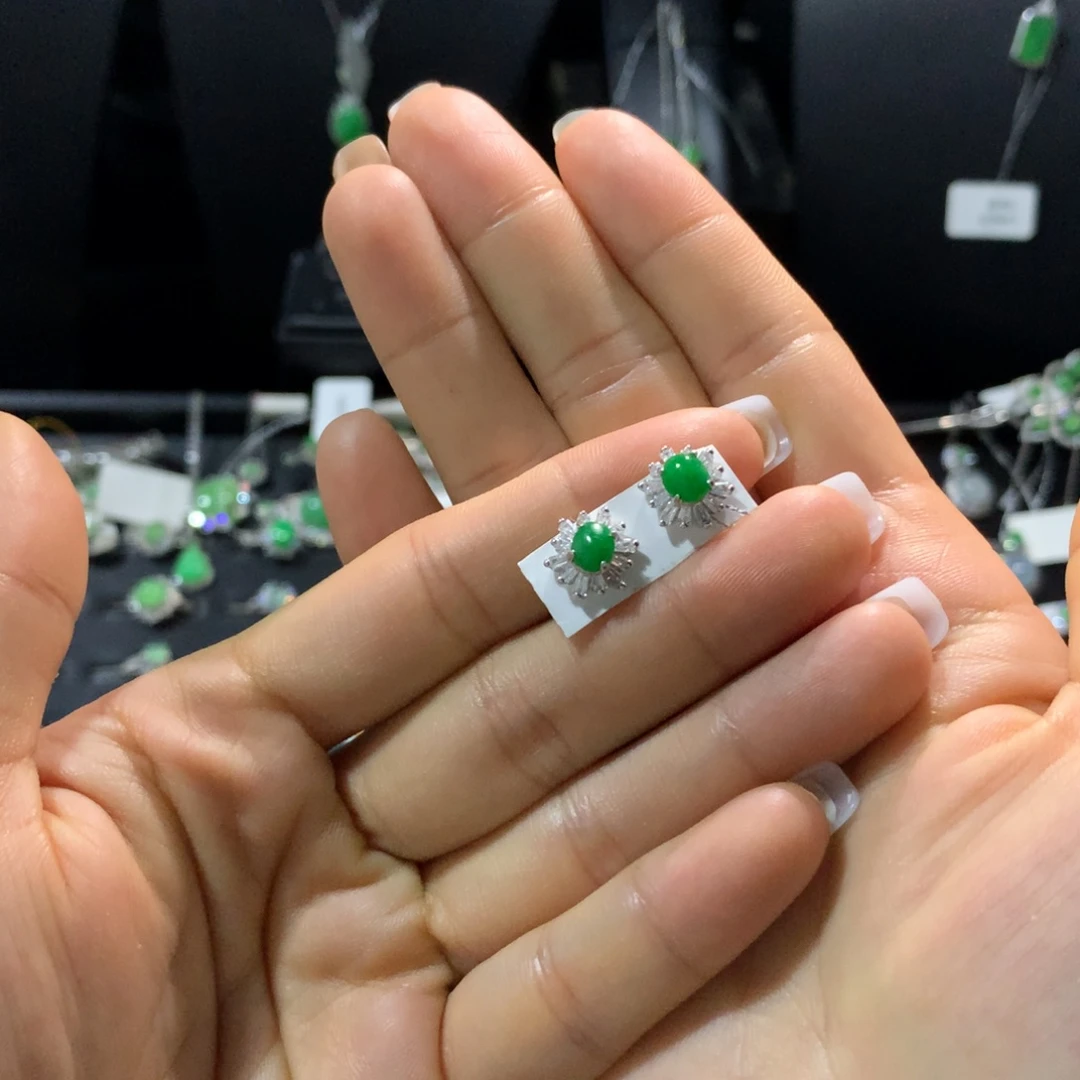 翡翠戒指银S925镶嵌耳钉