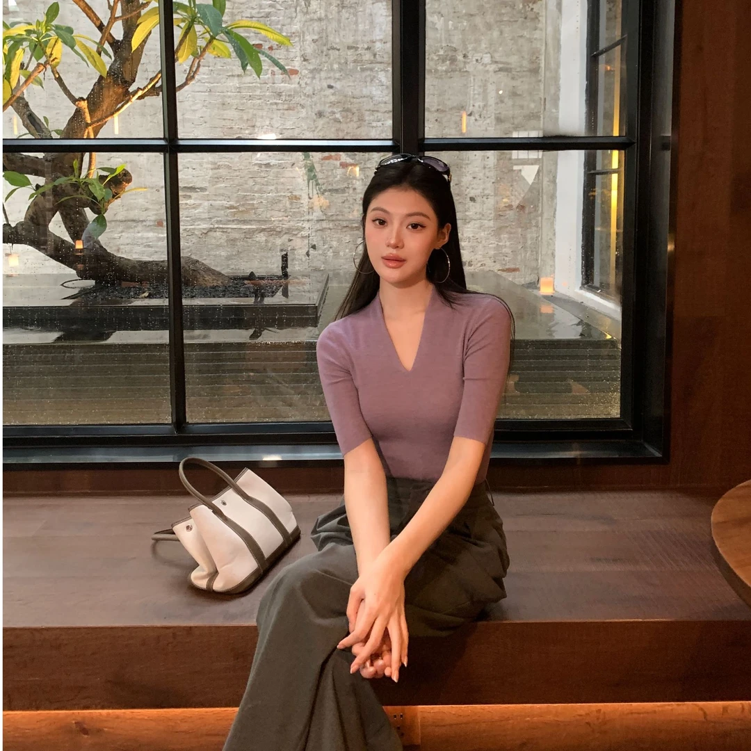 现货 JINY 静一｜【蓝莓碎冰】气质V领针织衫女修身显瘦弹力中袖T恤