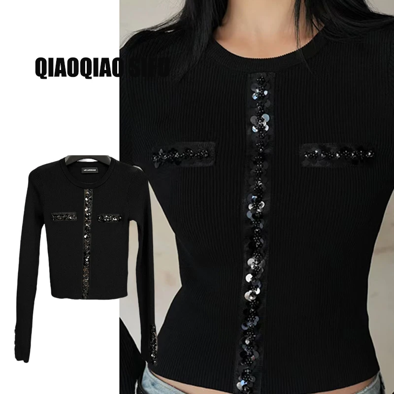 【Q-俏俏】设计师款高定小香风轻奢烫钻亮片打底衫06001