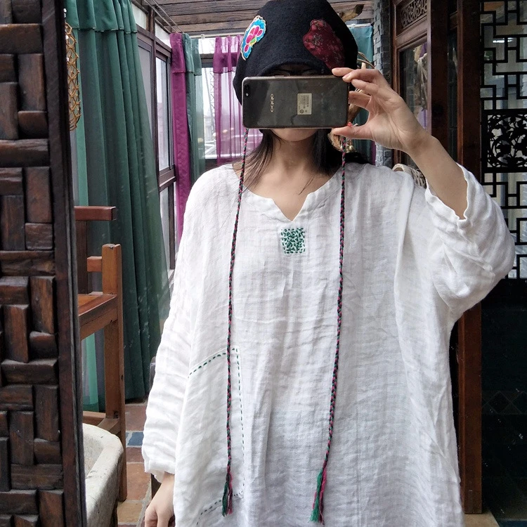 落古泥轻定制亚麻文艺复古手工绣花宽松连衣裙白