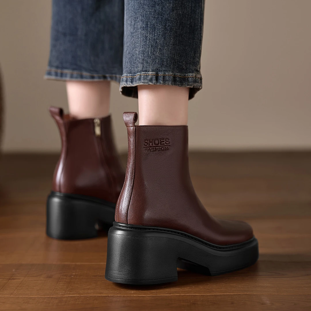粗跟小个子久穿不累脚厚底坡跟马丁靴百搭真皮短筒单靴棕色短靴子