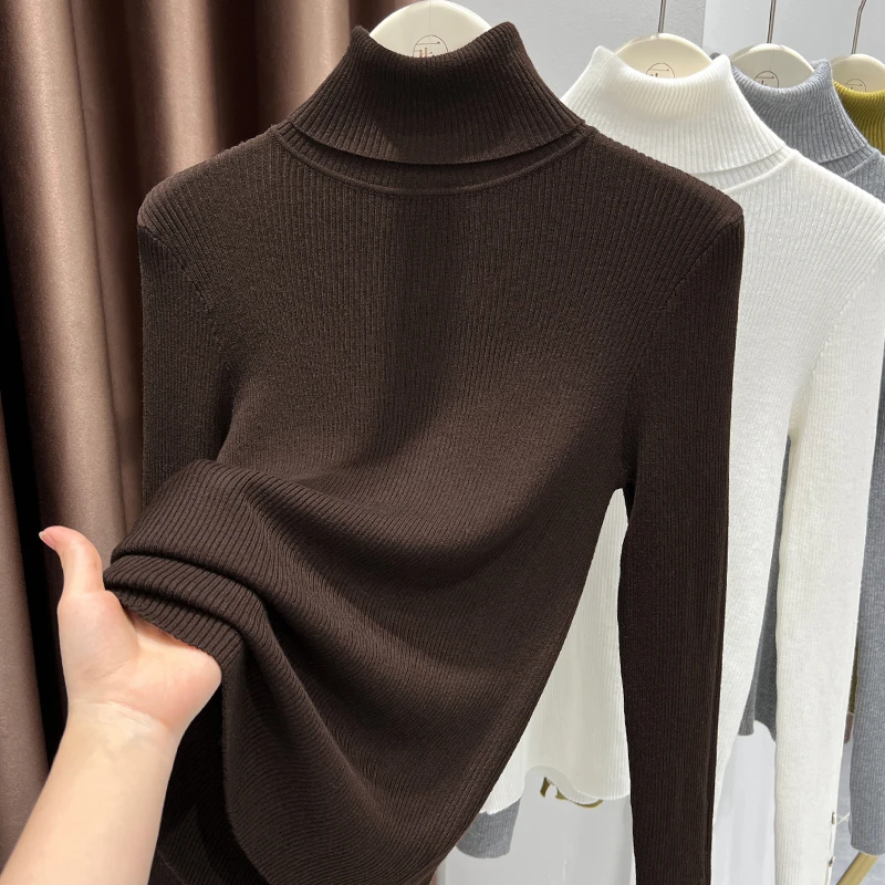 咖色堆堆领高级感上衣女秋冬爆款气质修身针织衫软糯毛衣打底衫