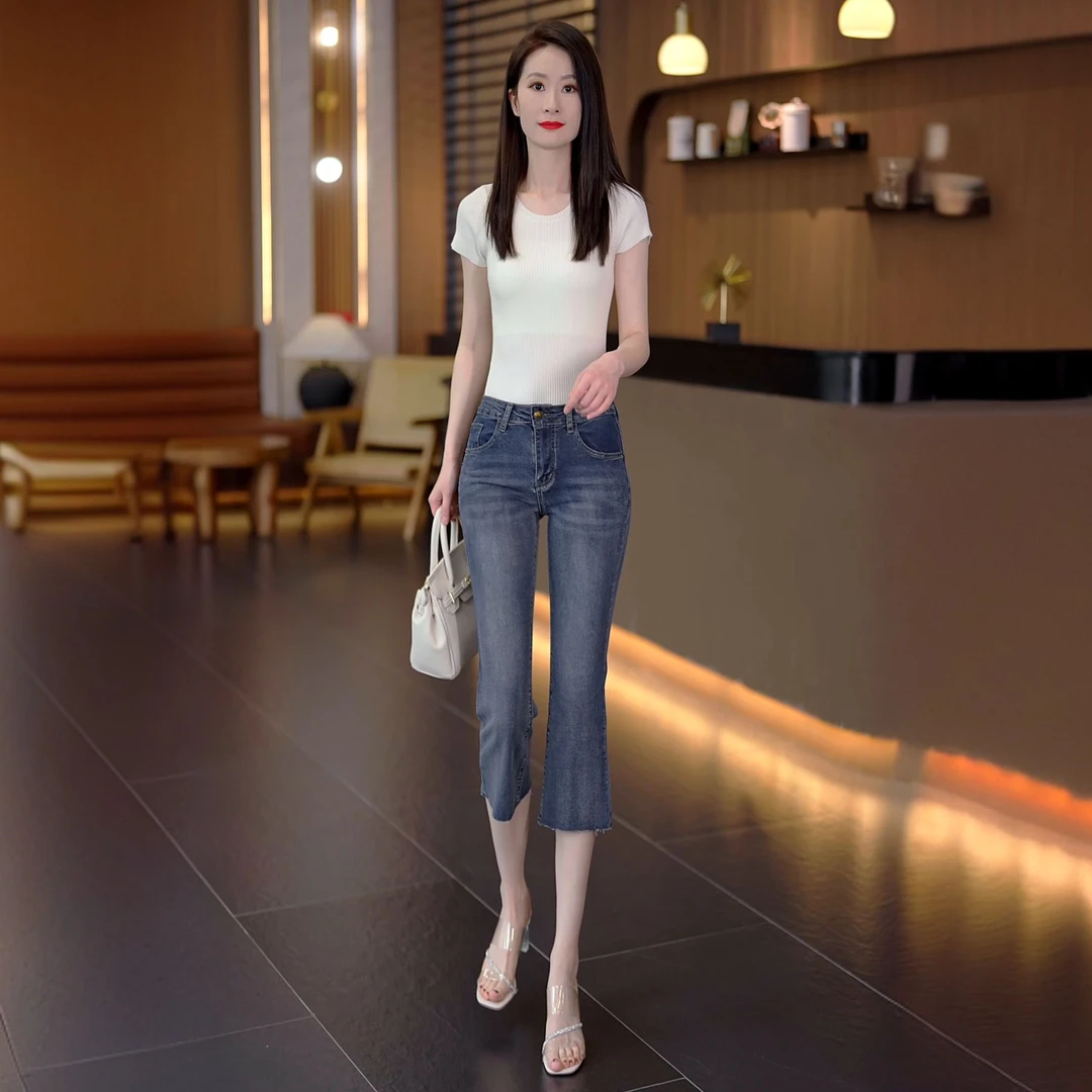 七分微喇叭牛仔裤女小个子高腰显瘦修身毛边八分2025夏季薄款百搭