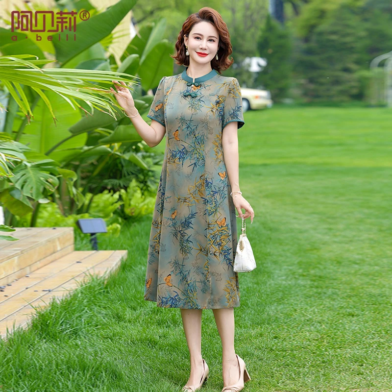 时尚妈妈夏装洋气薄款连衣裙新款五十多岁花色过膝裙中老年女裙子