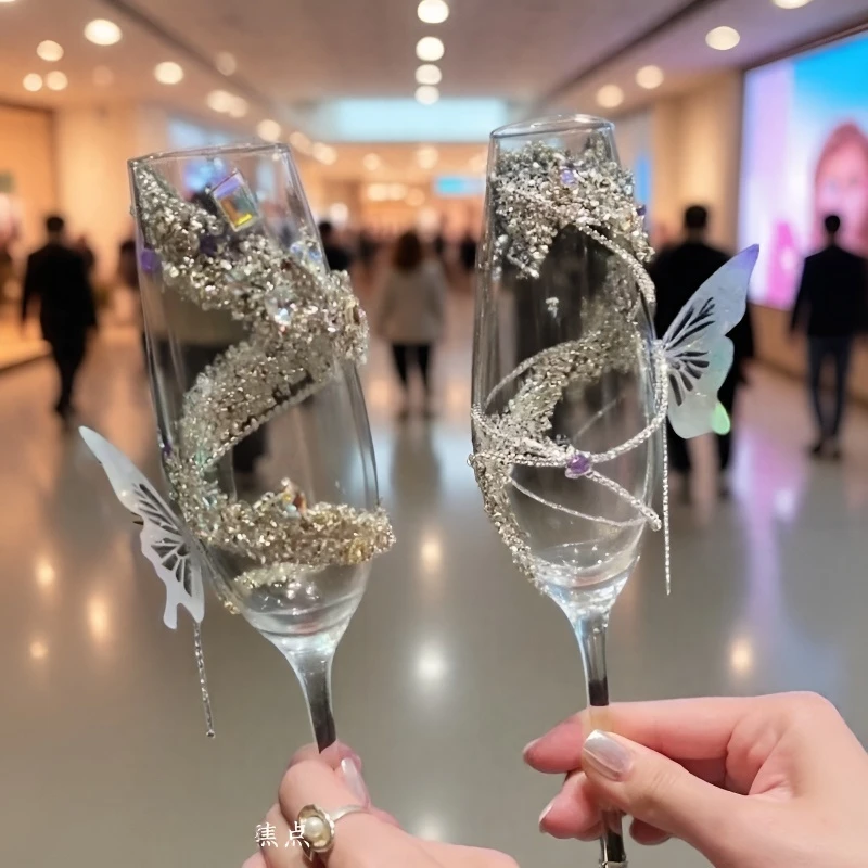 订婚敬酒杯diy 手工酒杯高级感碎钻敬酒杯婚礼敬酒杯碎钻喜字