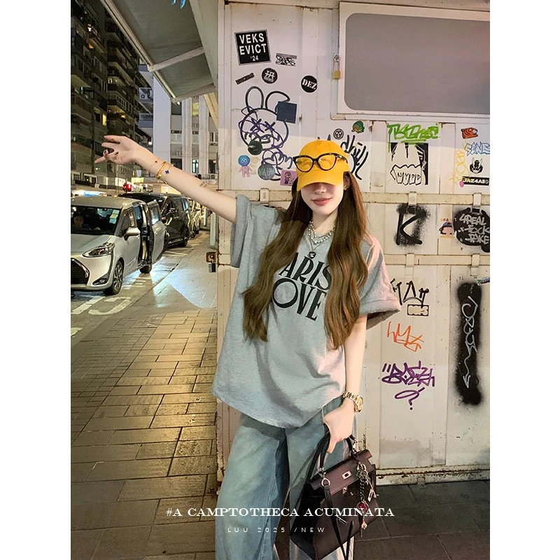 LUU桃喜儿/纯棉印花t恤女夏宽松圆领设计感短袖小众休闲百搭上衣