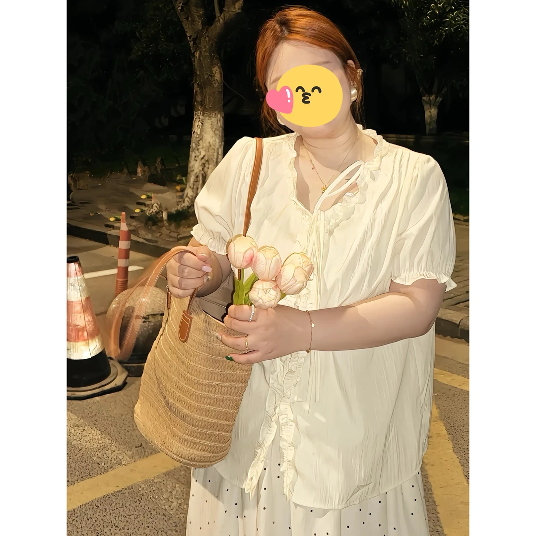大码女装胖mm法式V领木耳边短袖衬衫2025夏季显瘦百搭气质上衣