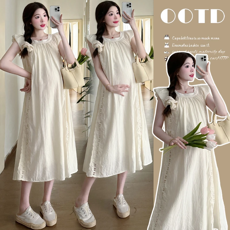 2025夏季新款孕妇装花边拼接花苞袖连衣裙法式宽松仙女甜美