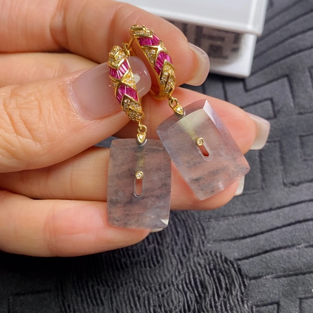 翡翠18K金镶嵌耳饰黑钢方糖