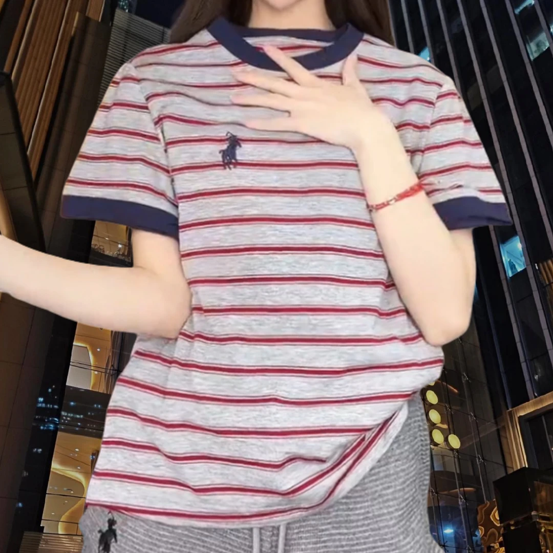 【骑士小马】2025春夏新款百搭时尚T恤简约显瘦短袖女条纹刺绣上衣