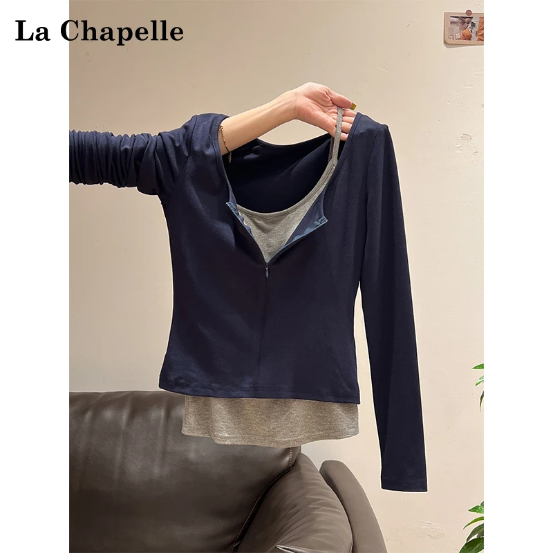拉夏贝尔圆领拉链开衫长袖T恤女2025年秋季时尚纯欲短款修身上衣