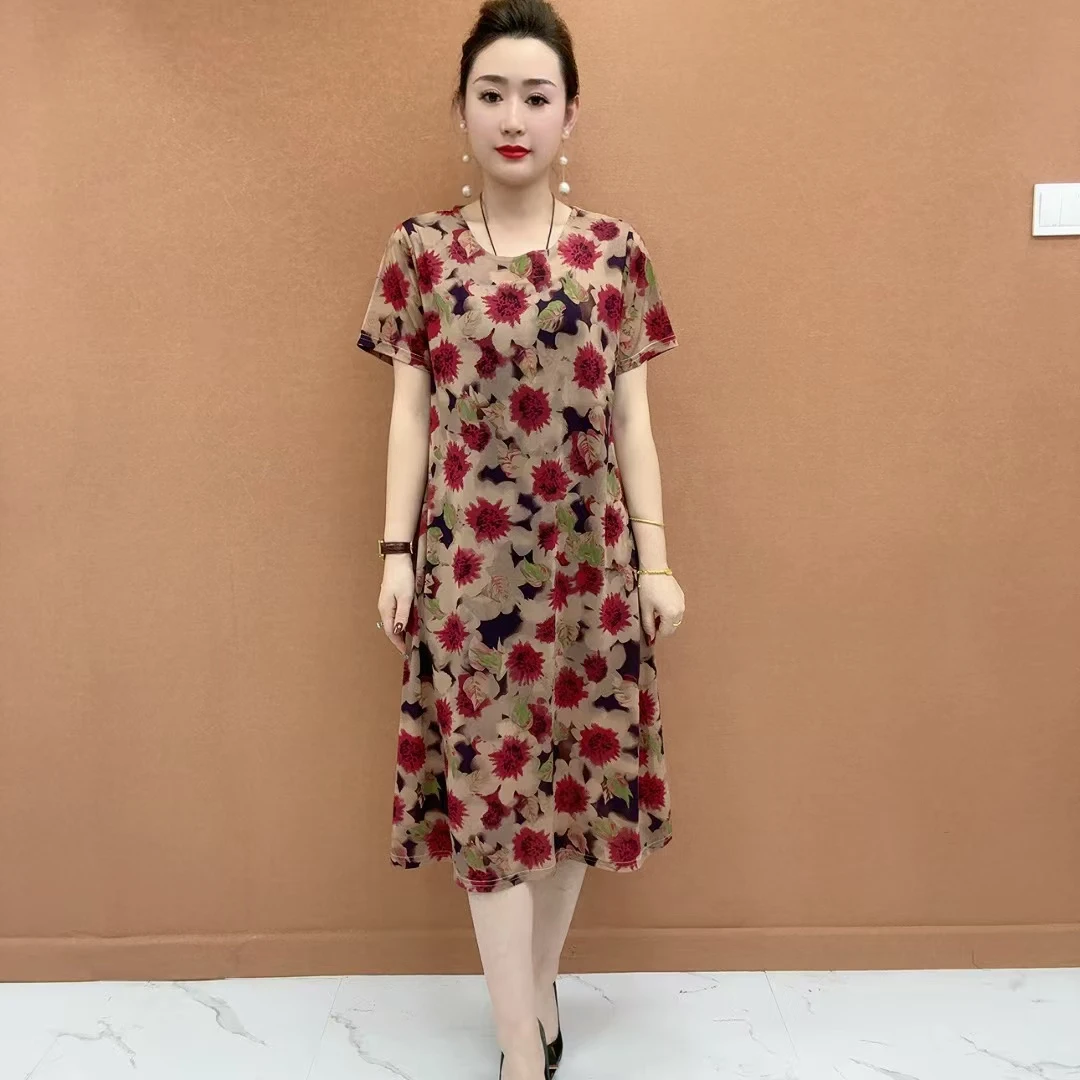 中长裙宽松常规遮肚宽松型女装中老年女装时尚连衣裙