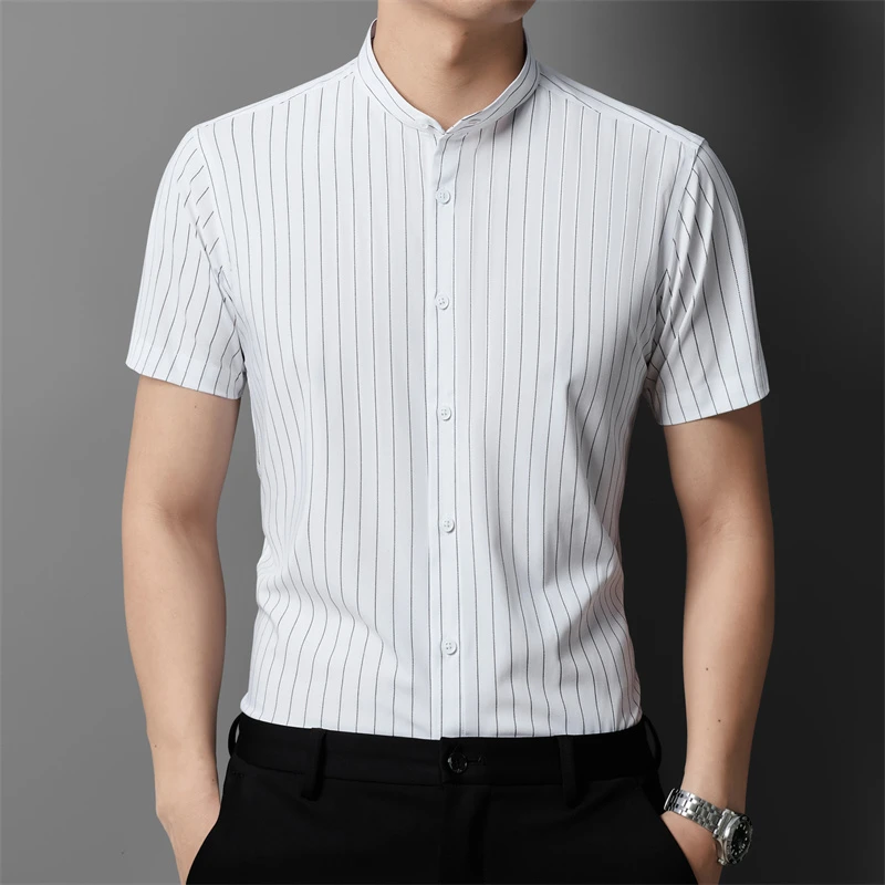 老爷车新款短袖衬衫男款25夏薄款竹纤维透气中式立领条纹衬衣中年