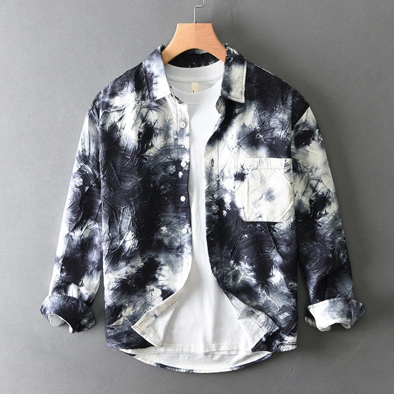 潮牌设计感个性褶皱衬衫外套男长袖春季百搭帅气印花渐变休闲衬衣