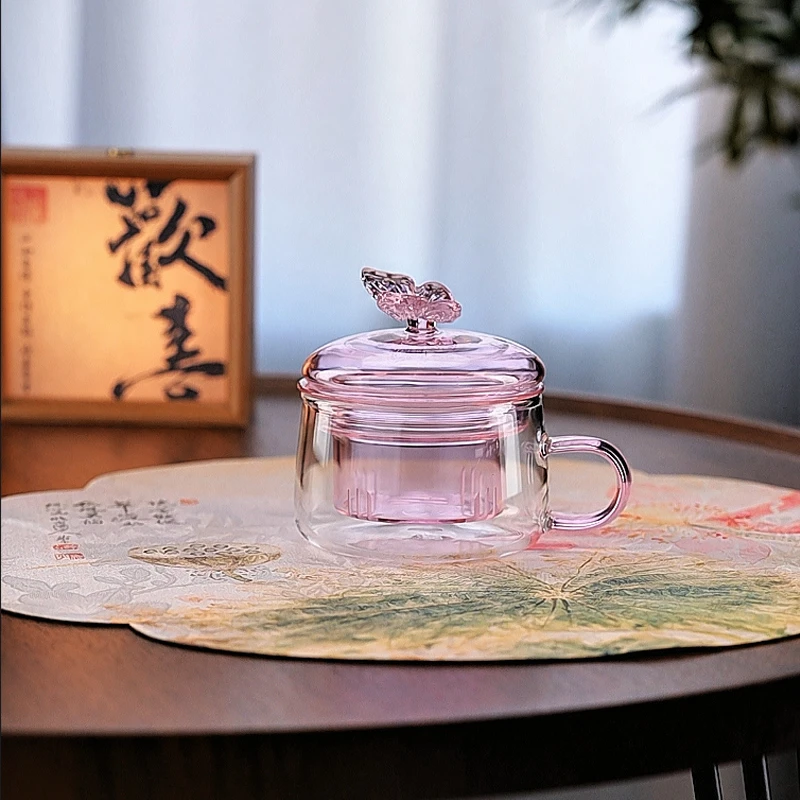 粉色茶杯女士专用玻璃蝴蝶泡茶杯茶水分离高硼硅咖啡杯耐热水杯