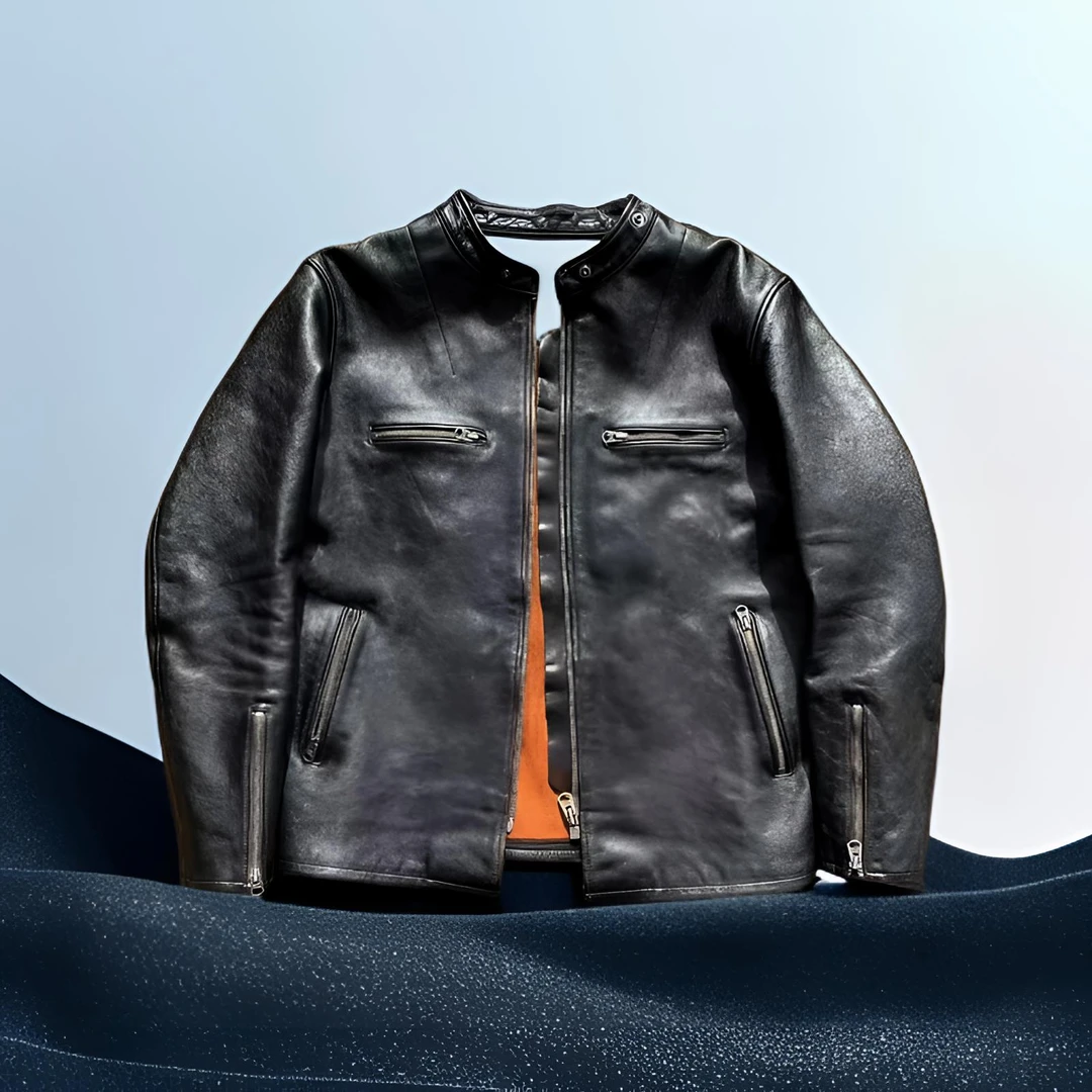 J100头层牛皮新品男士立领经典复古机车真皮衣修身皮夹克