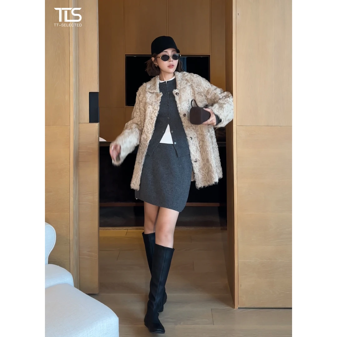TT【奶茶】两面穿A级小湖羊卷毛保暖皮毛一体大衣外套PC5035