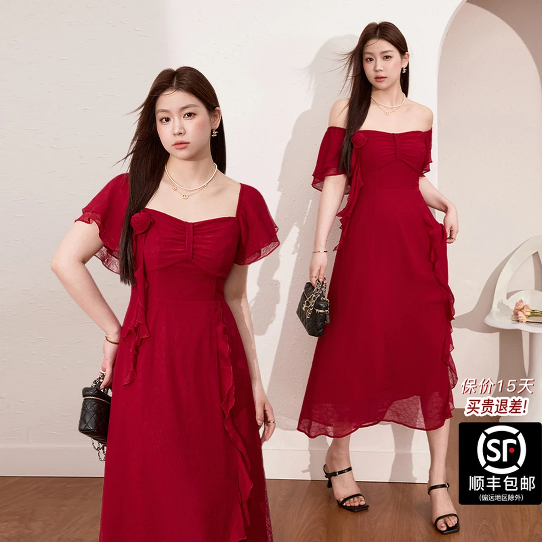 蓝语大码女装气质重要场合红色连衣裙2025夏季收腰显瘦飘逸长裙子