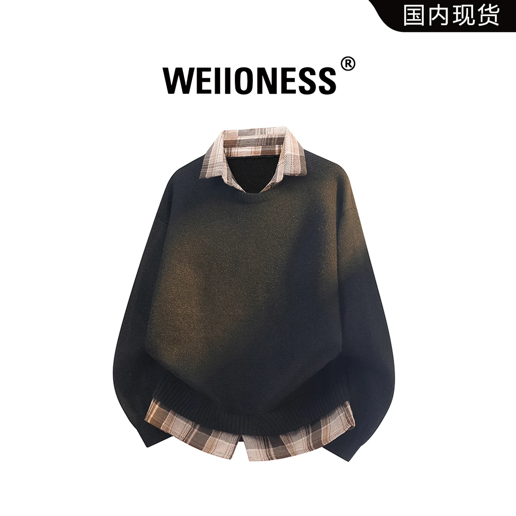 WEIIONESS简约衬衫领毛衣男款秋季假两件格子拼接撞色宽松上衣