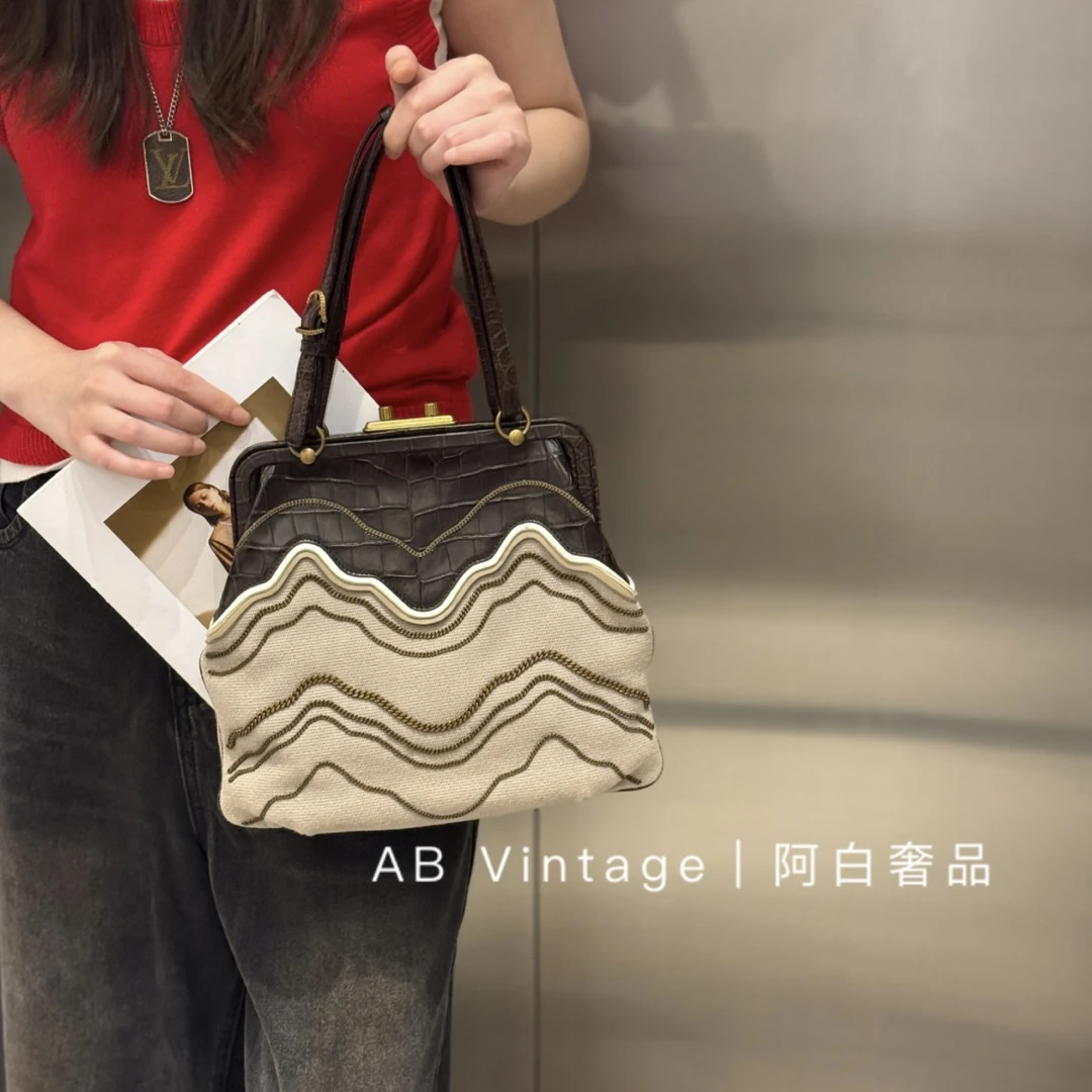 95新 BOTTEGA VENETA/葆蝶家 阿白奢品/焦糖色鳄鱼皮拼帆布单肩包