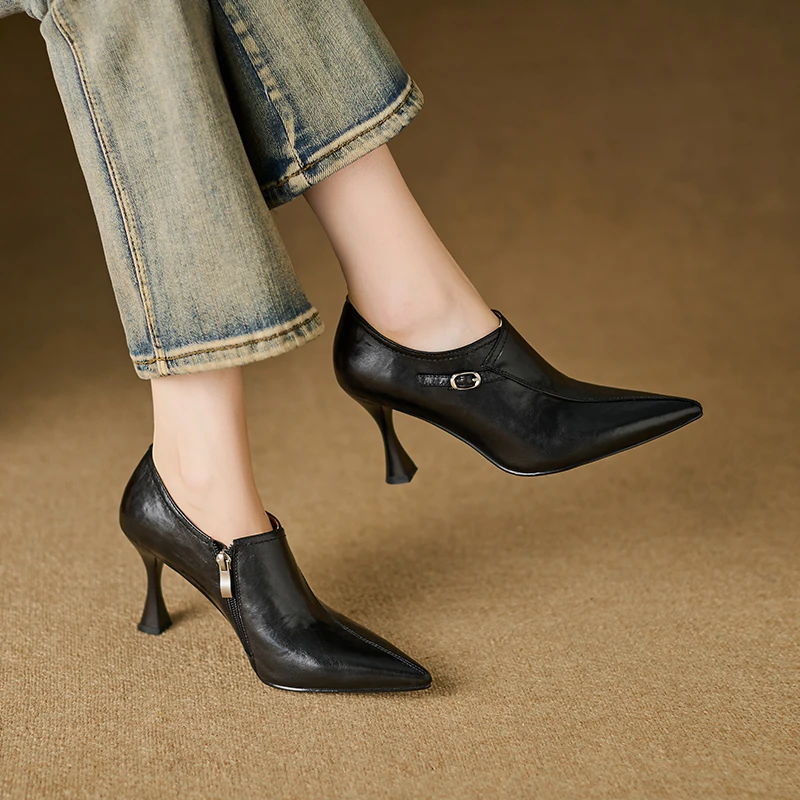 8.5cm性感细跟单鞋女尖头深口气质高跟鞋侧拉链时尚职业女皮鞋