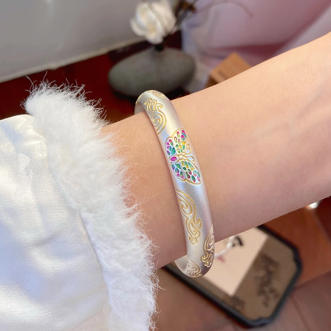 足银手镯 【春华】描金珐琅彩蝴蝶泥鳅背固口足银999.9手镯